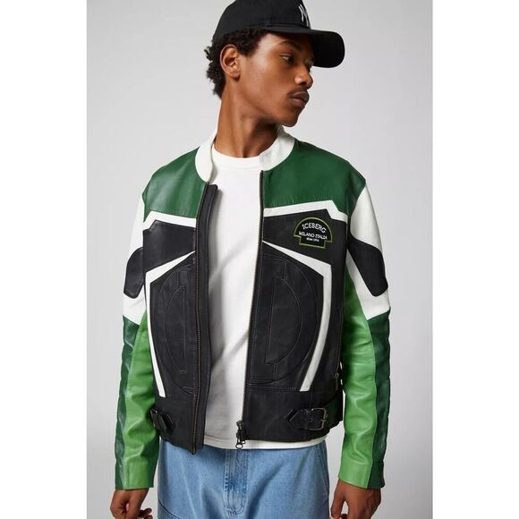 ICEBERG Leather Biker Jacket Size EU 44 Full Zip Men’s Jacket Green Black - Picture 1 of 16